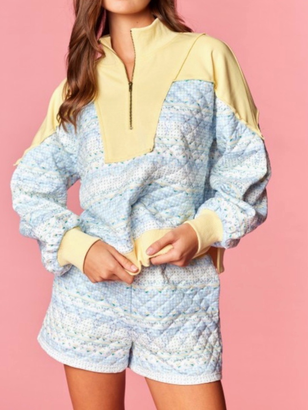 Quilted Half-Zip Sweater set in Pale Yellow and Light Blue